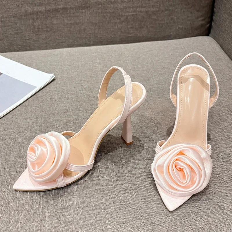 Fashion Summer Fashion Silk Rose Flowers Back Strap Heeled Sandals Women Pointed Open Toe Red High Heels Wedding Prom Shoe Zapatos Mujer