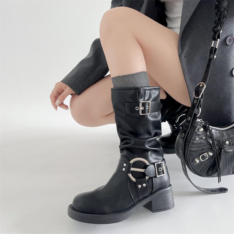 Thick Heel Women Mid Calf Boots Fashion Buckle Decoration Shoes Autumn Winter Ladies Western Cowboy Boots