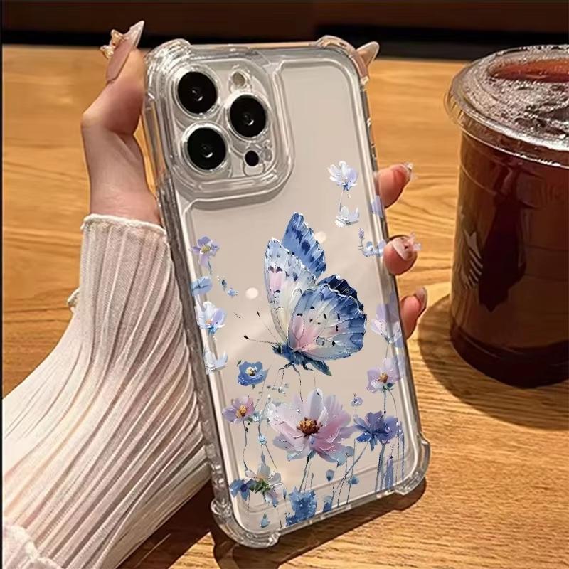 Blue And Pink Butterfly Flower Pattern Transparent Phone Case For iPhone 17 Air 16 15 14 13 12 11 Pro Max XS XR X 14 Plus Cover
