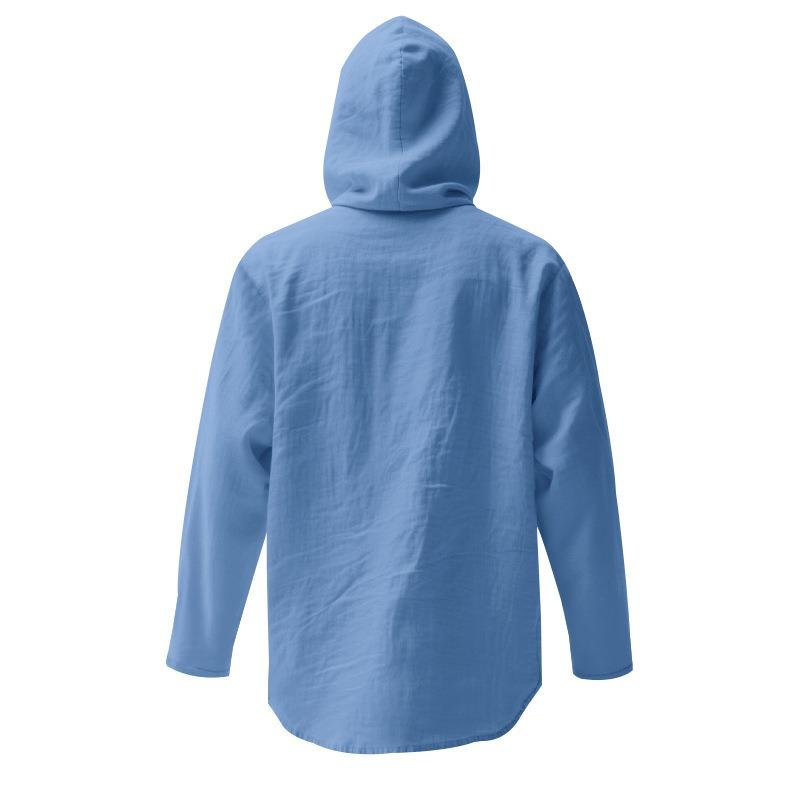 Spring Autumn Vintage Cotton Linen Hooded Shirt Male Long Sleeve Casual Fashion Blouse Men Solid Cardigan Top