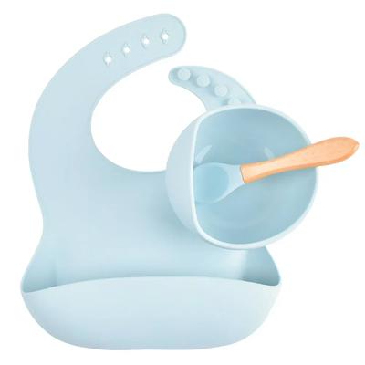 Set de Cuenco y Babero de Silicona para Bebé Plato con Ventosa Antideslizante para Niños Mango de Madera Cuchara de Silicona Baberos Platos Vajilla para Alimentación de Bebé