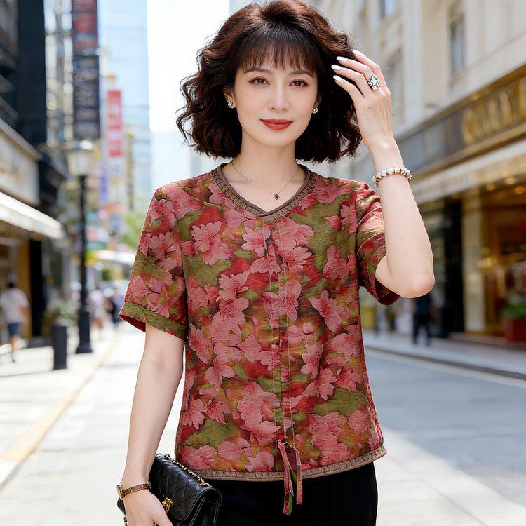 

Women s Summer V-Neck Short-Sleeve Printed Loose Plus Size Top 3XL (120-135 lbs)