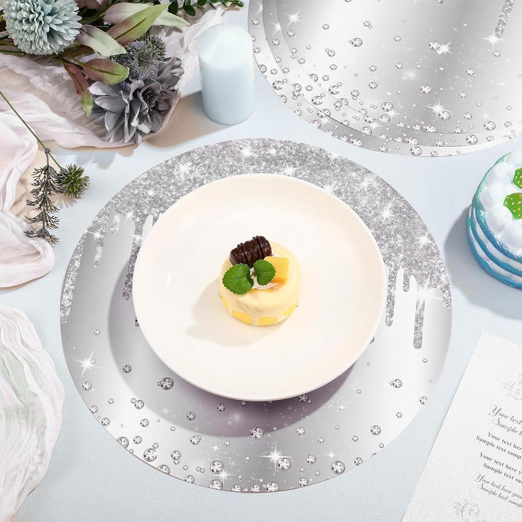 120 Pieces Silver Paper PlaceMats Glitter Diamonds Round Disposable Table Mats Decorative Paper Mats for Dining Wedding Birthday Silver Glitter