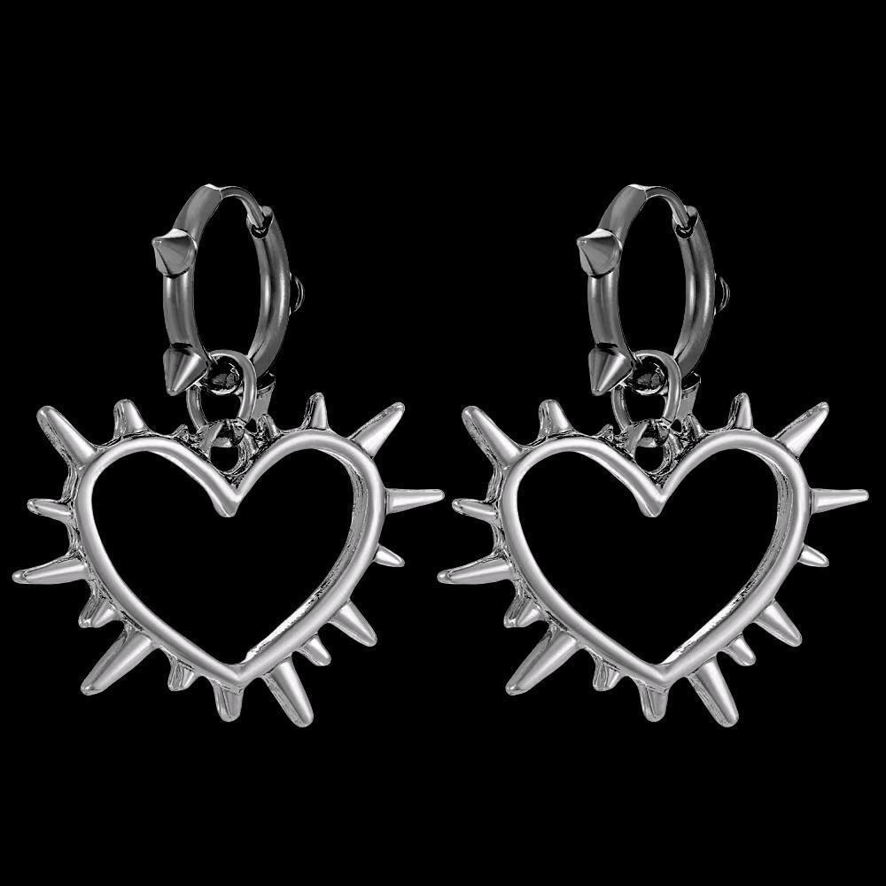 Personality Punk Sliver Color Hollowed-out Thorn Heart Shape Pendant Hoop Earrings for Women Stainless Steel Jewelry Accessories