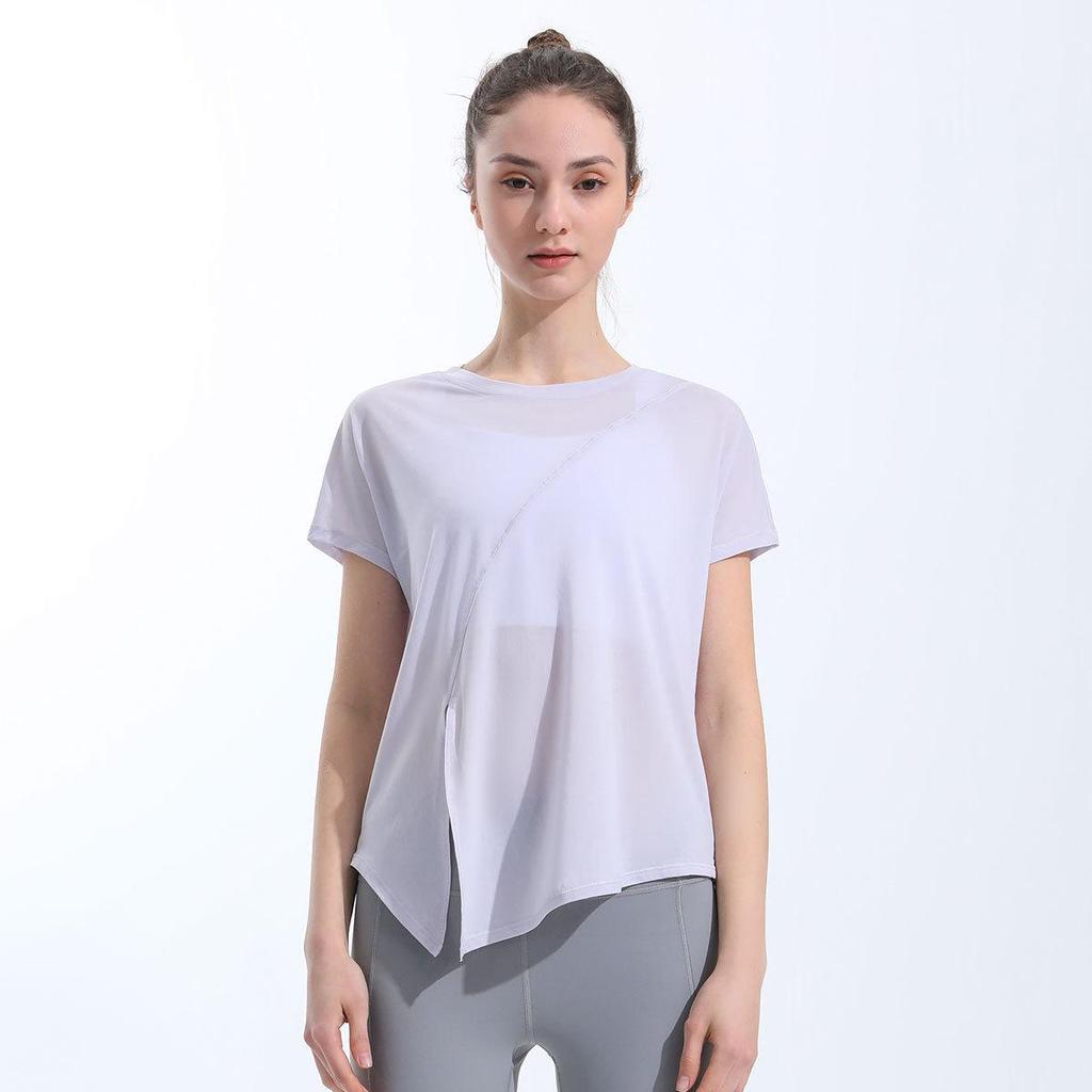 Women's Quick-Dry Short-Sleeve Yoga Top with Side Slit & Tie-Up