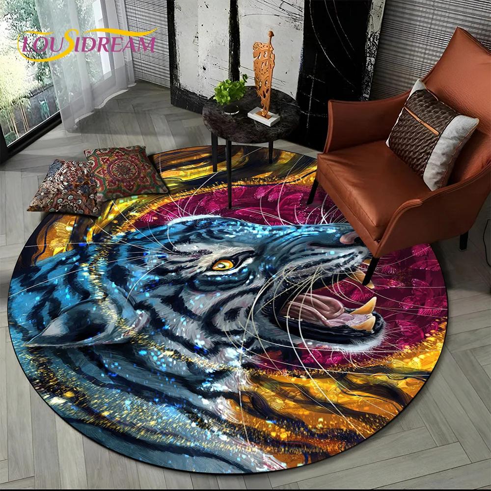 Beast Tiger Lion Leopard Animal Wildlife Cartoon Round Carpet Rug for Living Room Bedroom Child Decor,Pet Area Rug Non-slip Mat