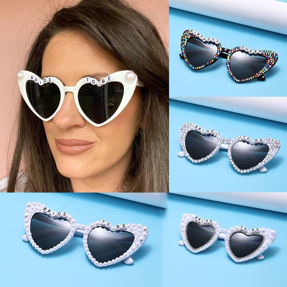 Heart-shaped Frame Pearl Sunglasses English Letters Colorful Black Shades Glasses Bride Eyewear Sun-Protective Travel Glasses