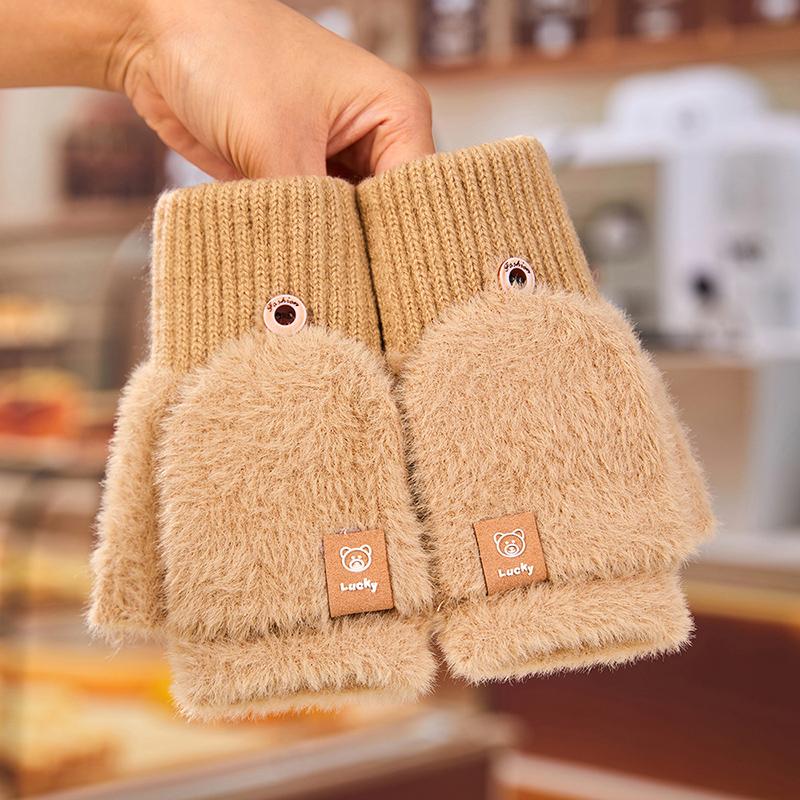 Korean Knitted Flip Up Dual Purpose Gloves for Women Cute Bear Skin Friendly Soft Warm Warm Gloves Office Writing Student Gloves