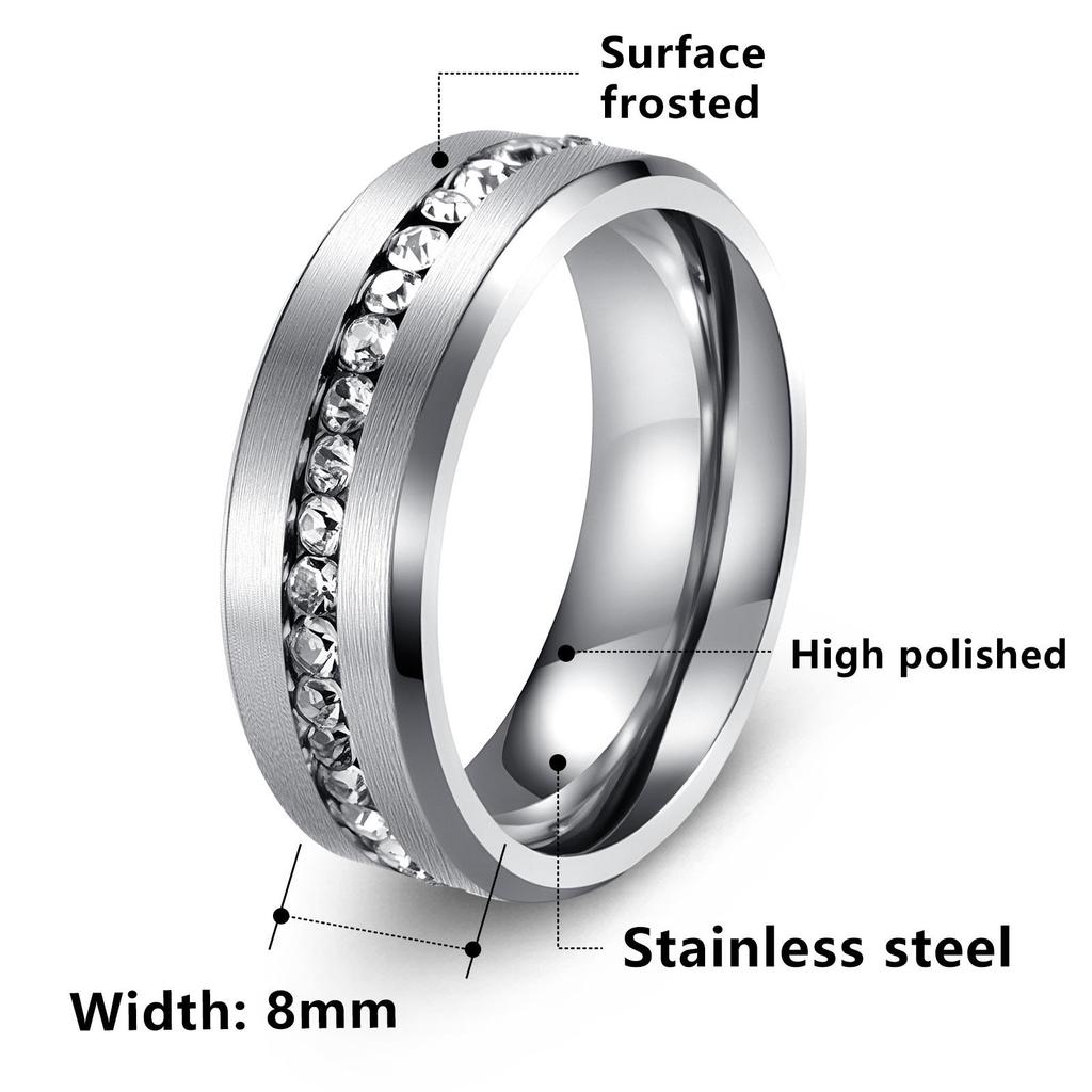 8MM Black Stainless Steel Zircon Ring with Full-Diamond Design for Couples