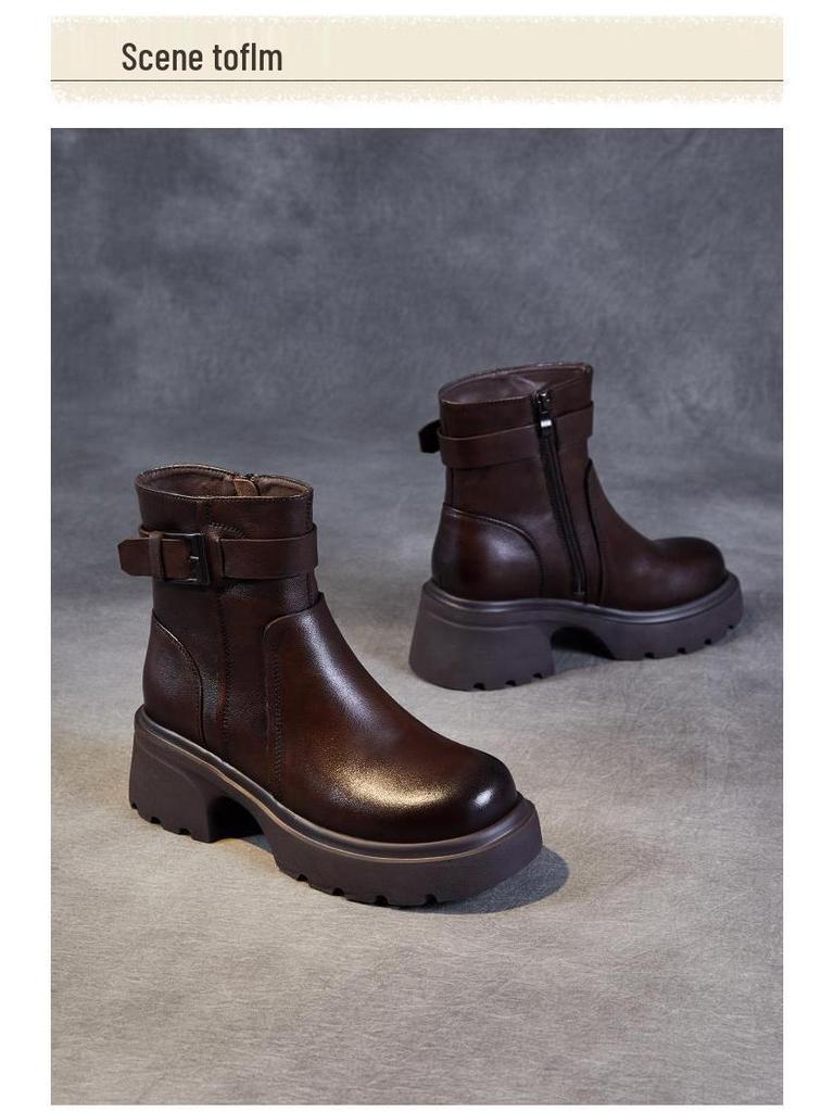 Women's Thick-Soled Leather Chelsea Boots – Autumn/Winter British Style with Round Toe and Buckle detailing.