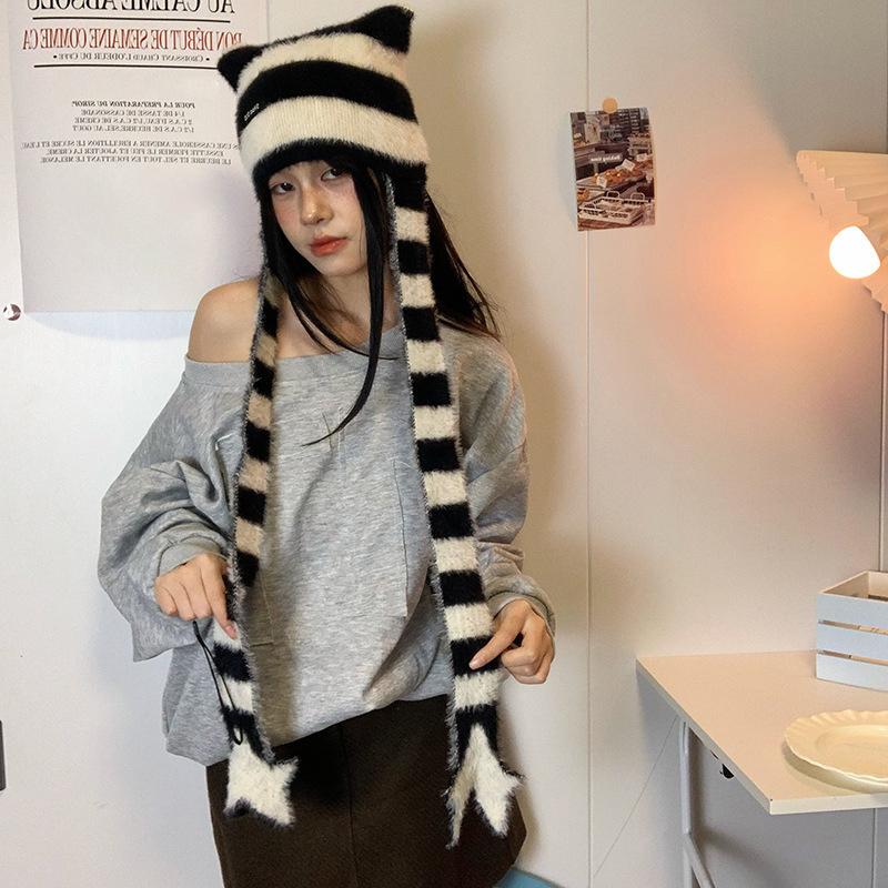 Y2K Subculture  Girl Sweet Cool Style Hat Star Striped Plush Knitted Hat