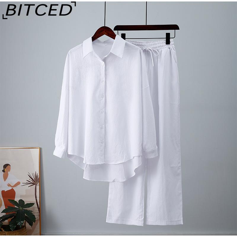 BITCED Herbst und Winter Locker Stretch Knitterhemd Langarm Weitbeinige Hose Freizeitanzug Damen Zweiteiler