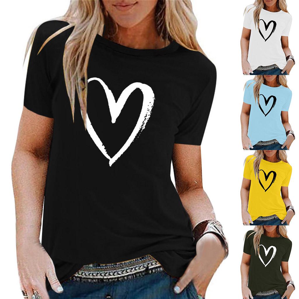 

Женская летняя рубашка с коротким рукавом и принтом сердца, повседневная туника, топы, блузка