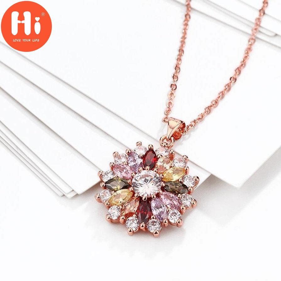 

Ожерелье с подвеской из розового золота, инкрустированное драгоценным камнем в форме цветка, ожерелье с разноцветным каскадным цветком