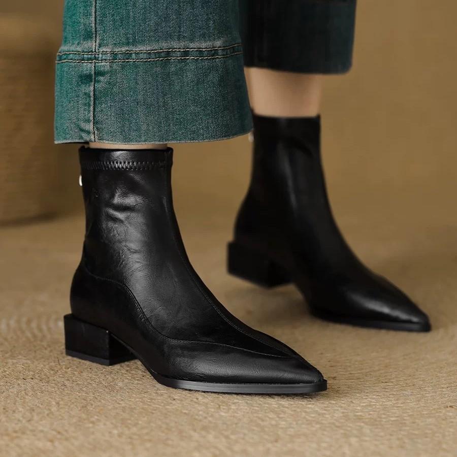 Women's Pointed Toe Block Heel Ankle Boots  AW New - Slim Elastic Fashion, Real Leather Feel, Trendy Cold-Season Footwear