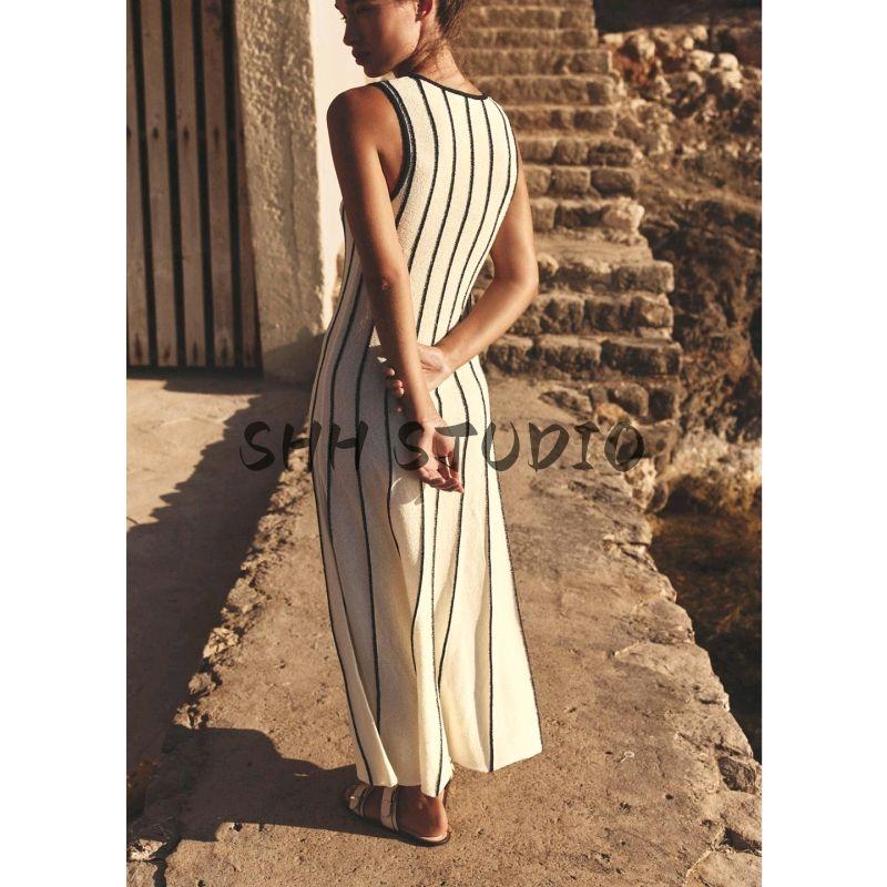 Summer New Women clothes round Neck Sleeveless A- line Decorative Layer Hem Mid-Length Knitted dress 8779637