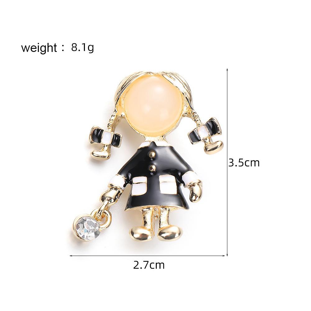 New Geometry Zircon Drop Glazed Bow Double Braided Little Girl Brooch Unique Fashion Versatile Cartoon Character Jewelry Gift