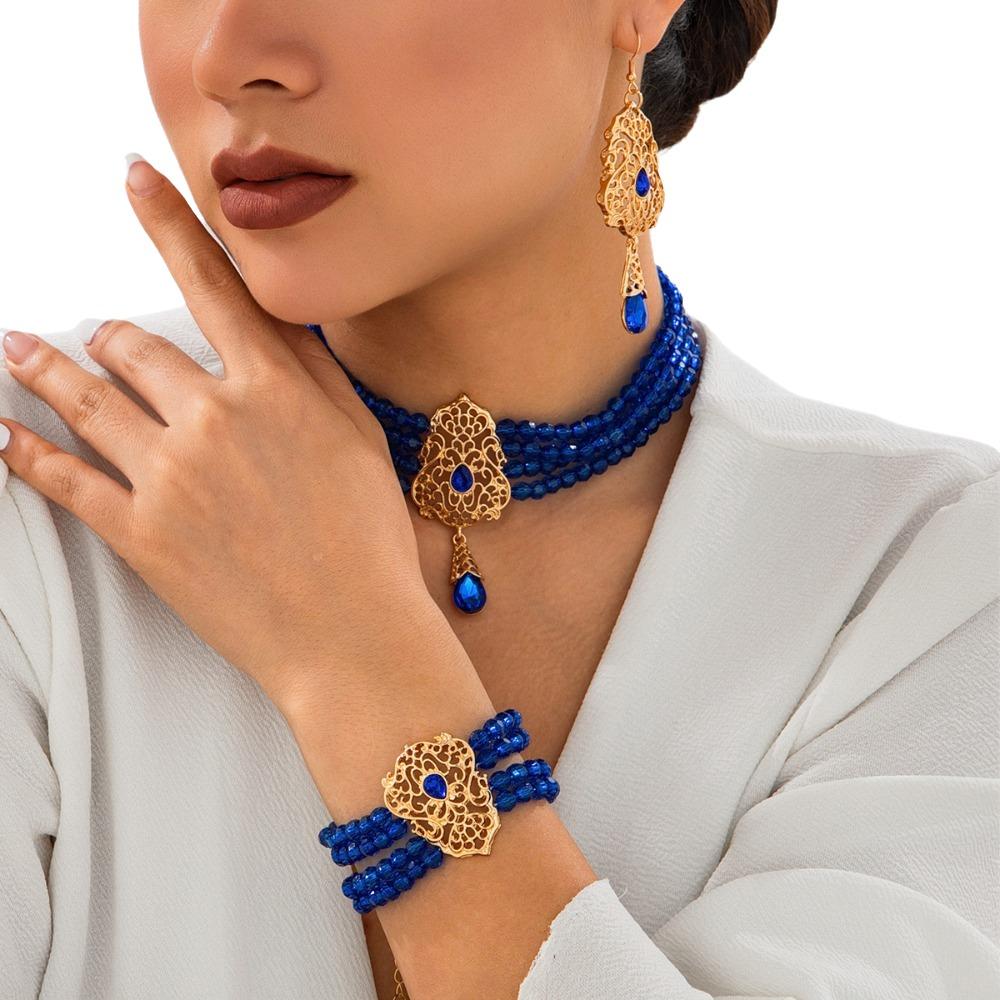 Multilayer Pearl Beaded Bracelet Shiny Necklace Earring Set Temperament Bridal Jewelry Set  Lady