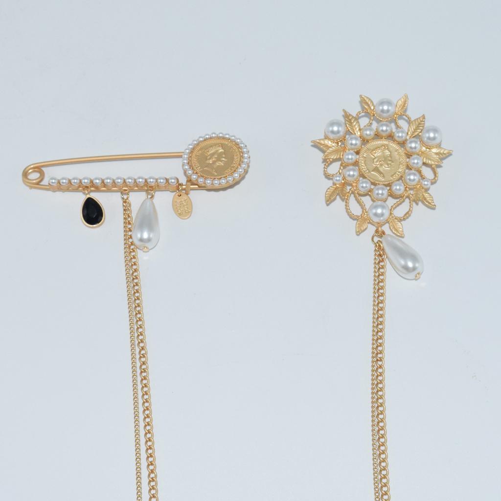 Women Men Baroque Classic Long Chains Brooch Jewelry Gold Color Metal Vintage Palace Sun Pearl Pins Jewelry For Lady Gift