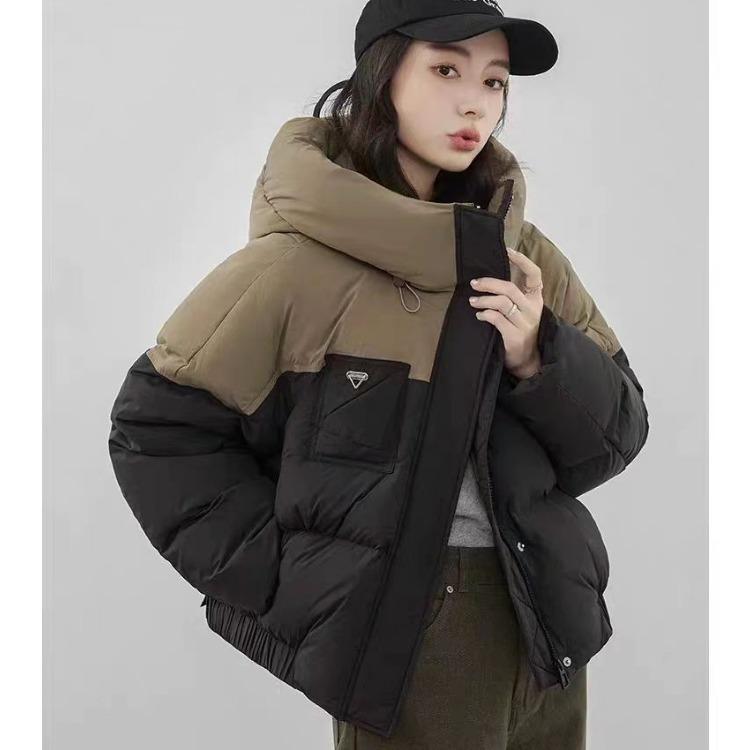Women's Winter Hooded Short Coat with Down Cotton Patchwork Loose Jacket