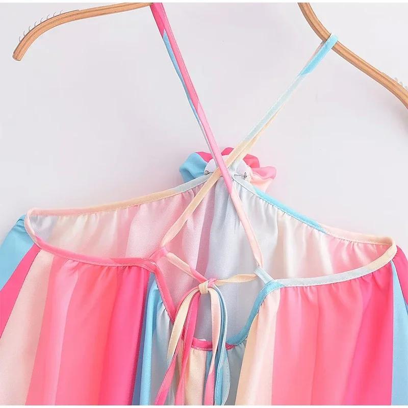 Цветное полосатое платье-халтер для женщин с 3D-цветком — фото 13