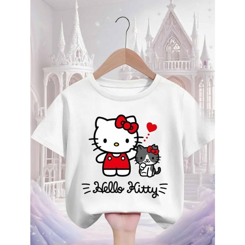 

Летняя футболка Sanrio Hello Kitty с мультяшным милым рисунком для девочки, мягкий материал, удобная и повседневная, модный стиль 100
