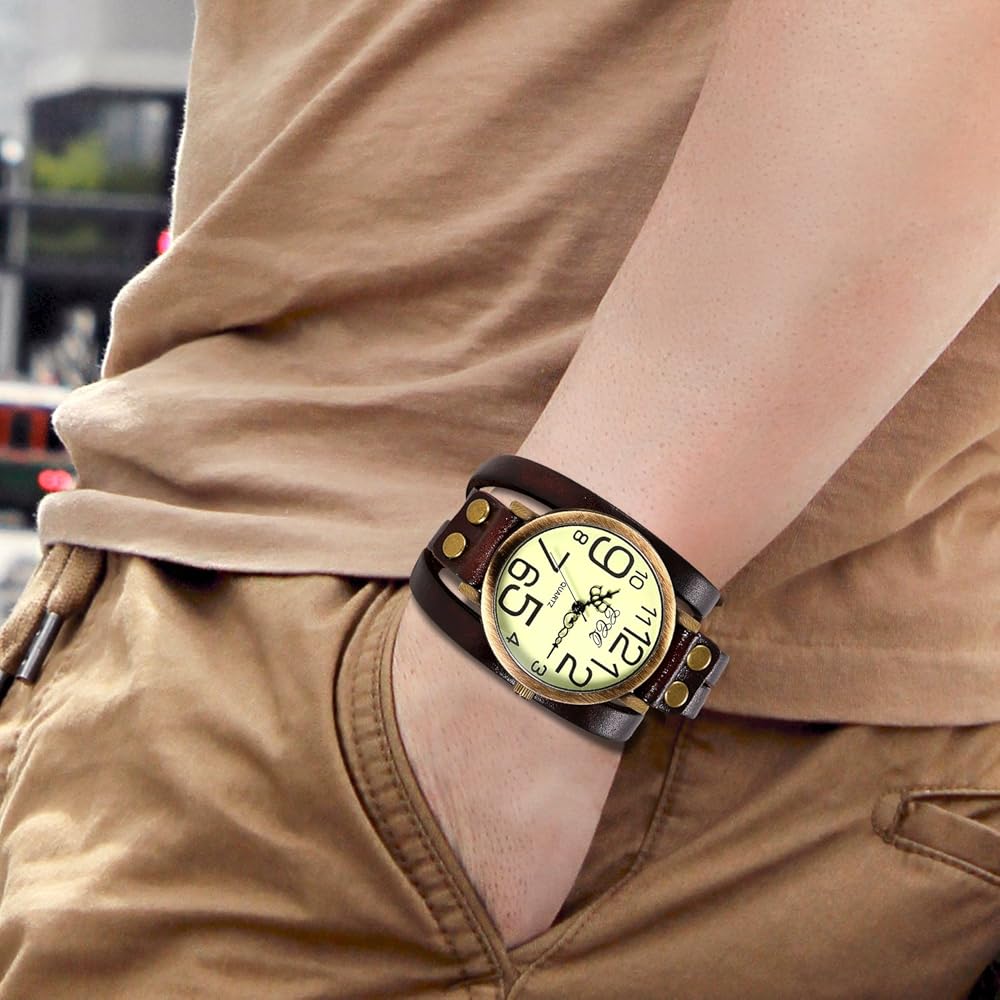 JewelryWe Antique Multi-Wrap Leather Band Watch Analog Display Quartz for Men, Women, Kids - Brown Color