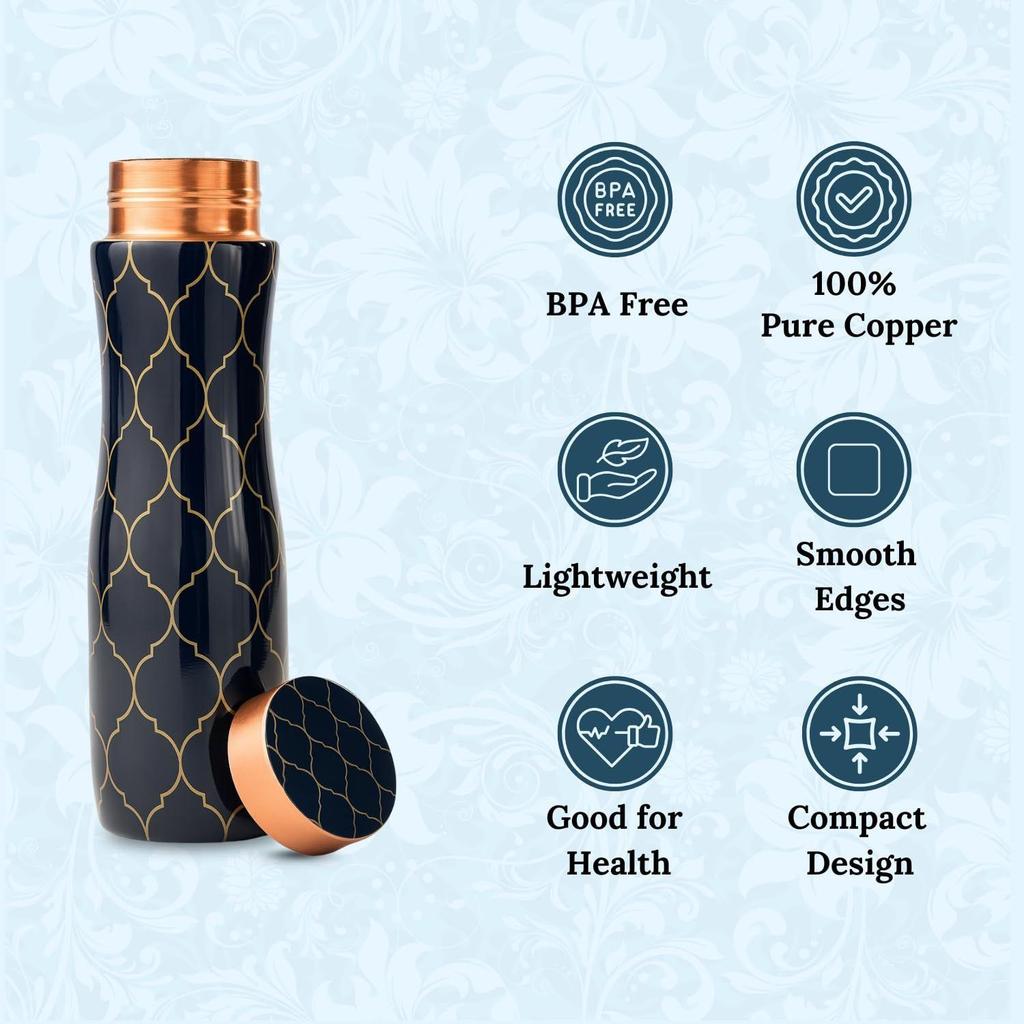 Pure Copper Water Bottle with Leakproof Protection | Tamba Bottle for Yoga & Health Benefits | Durable Bottle for Everyday Use (1L, Blue Moroccan)