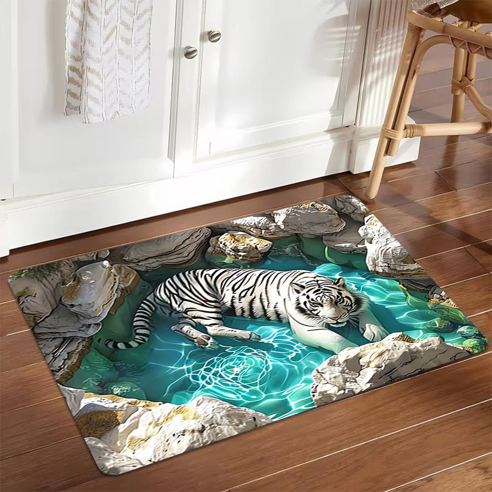 White Tiger Print Rug Decoration,Carpet,Living Room,Bedroom, Non-slip,Square rug