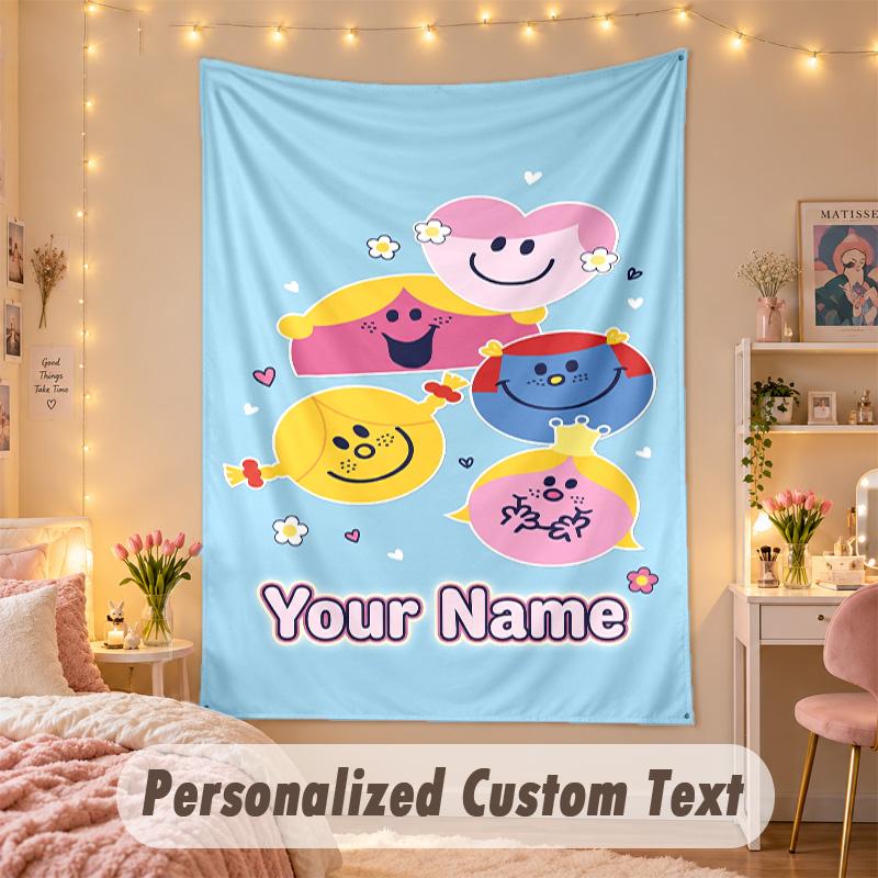 Custom Personalized Tapestry,Mr. Men & Little Miss Print Custom Name Text Wall Art Hanging for Bedroom
