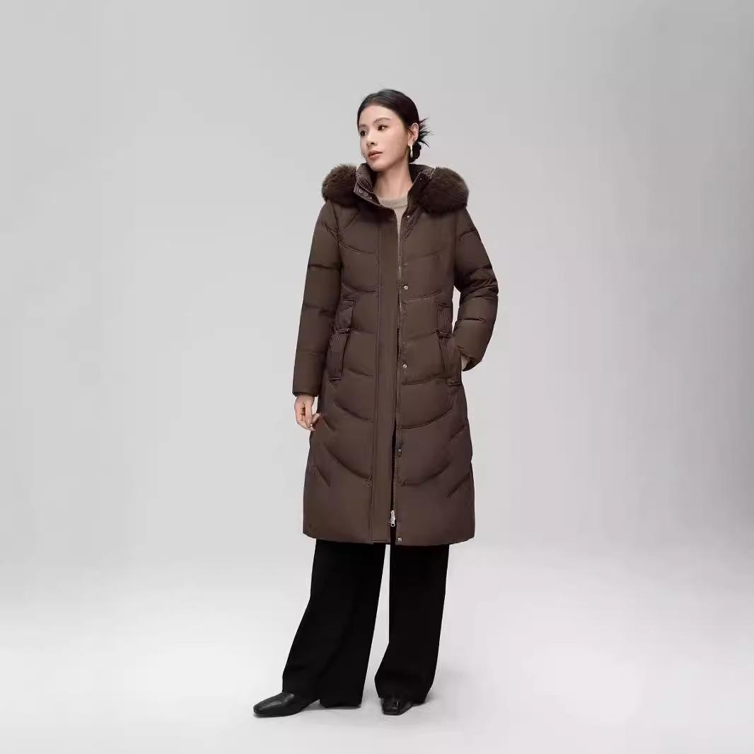 

Женский длинный пуховик ниже колена с меховым воротником, приталенный, на белом утином пуху, новое зимнее пальто XXL коричневый