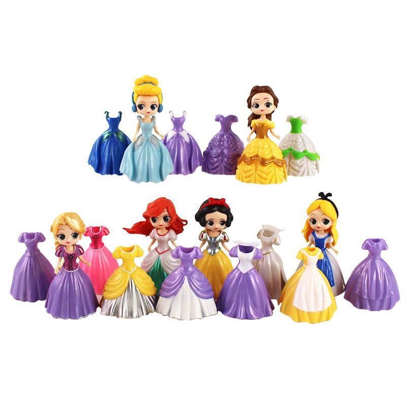 24pcs Cartoon Princess Cinderella Belle Alice Snow White Ariel Rapunzel Action Figures Interchangeable Clothes Toys Dolls Gifts