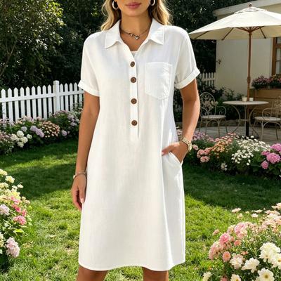 Summer Short Sleeve Mini Shirt Dress for Women Button Up Lapel A-Line Short Dress Casual Beach Sundress with Pockets