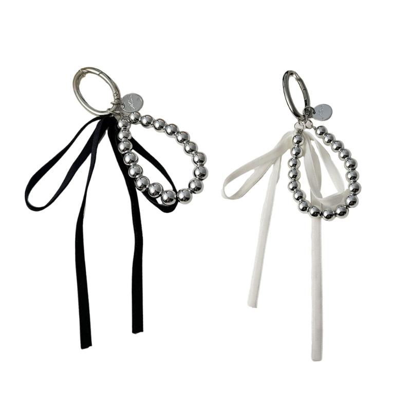 Elegant Bowknot Keychain Pendant with Ribbons Charm and Pearls Accents Accessory for Handbags and Phones Decoration