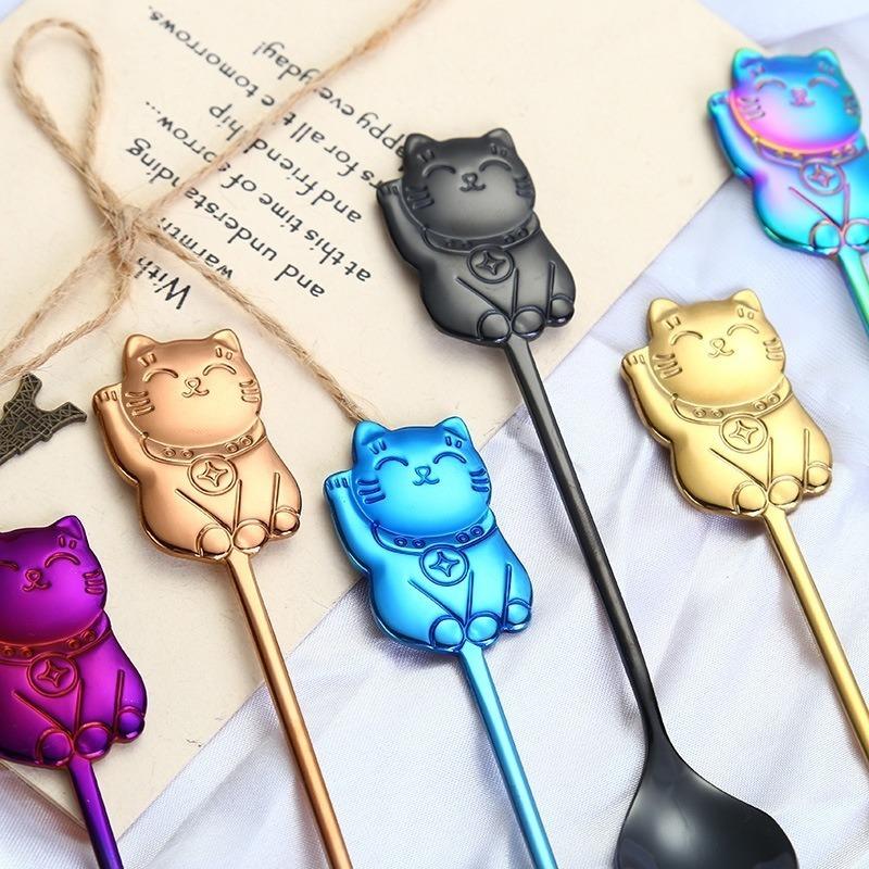 Creative 304 Stainless Steel Cartoon Lucky Cat Spoon Gift Coffee Stirring Spoon Ice Cream Ice Cream Dessert Spoon