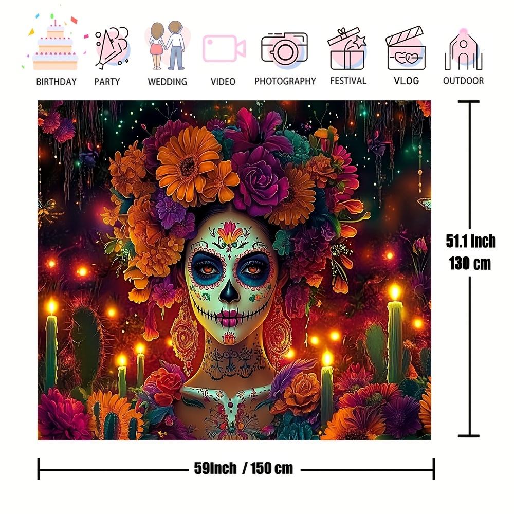One Oversized Polyester Sugar Skull Background Banner, Featuring a Vivid Mexican Party Theme and a Skeleton Wall Decoration.zyc