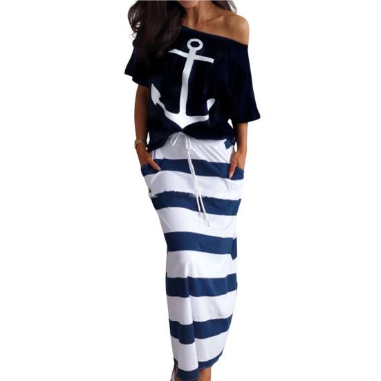 

Стильный наряд с рукавом три четверти, 3D крой, простой повседневный пуловер, комплект с длинной юбкой для повседневной жизни, топ 2XL синий