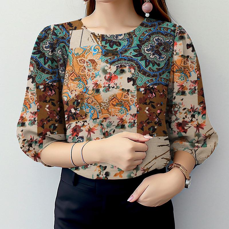 

ZANZEA Ethnic Print Casual Round Neck Loose 3/4 Sleeve Blouse 2XL
