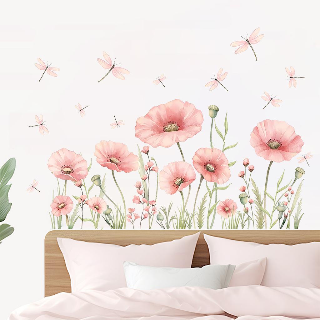 Pink Floral Dragonfly Wall Sticker Self Adhesive PVC Decal for Living Room Bedroom Home Interior Decoration
