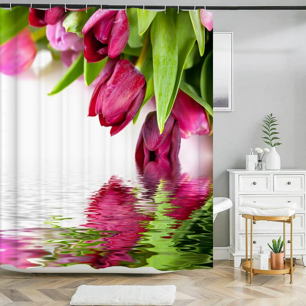 Wodoodporna zasłona prysznicowa z 12 haczykami Piękna kolorowa zasłona łazienkowa z nadrukiem naturalnych kwiatów Poliestrowa zasłona do dekoracji domu