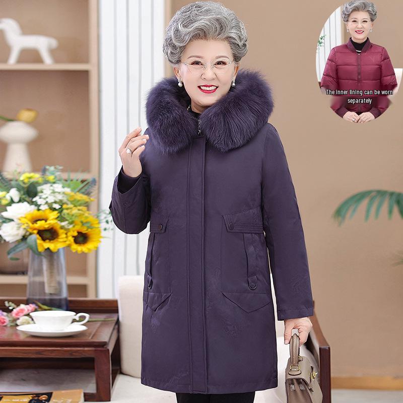 Ny damdunjacka i mellankängd med avtagbart foder: Snygg vinterkappa över knäna för medelålders och äldre