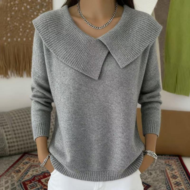 Fall Winter Asymmetrical Collar Knit Sweater Long Sleeve Casual Pullover Top