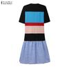 ZANZEA Women Casual Round Neck Summer Patchwork Short Sleeve Dress