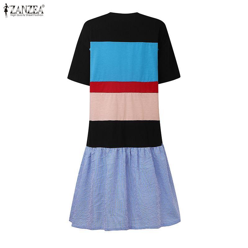ZANZEA Women Casual Round Neck Summer Patchwork Short Sleeve Dress