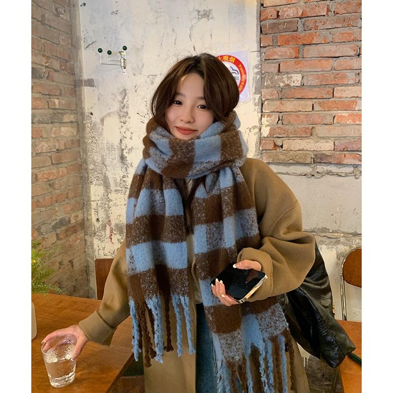 Autumn and Winter New Korean Style Blue Plaid Scarf Women's Winter Warm and Thickened Versatile Tassel Scarf Student Shawl