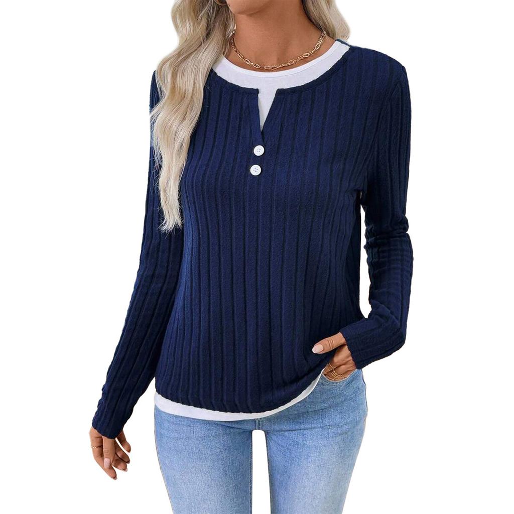 Women's Fashionable Solid Color Long Sleeved Round Neck Fake Two-piece Casual Pullover T-shirt Top