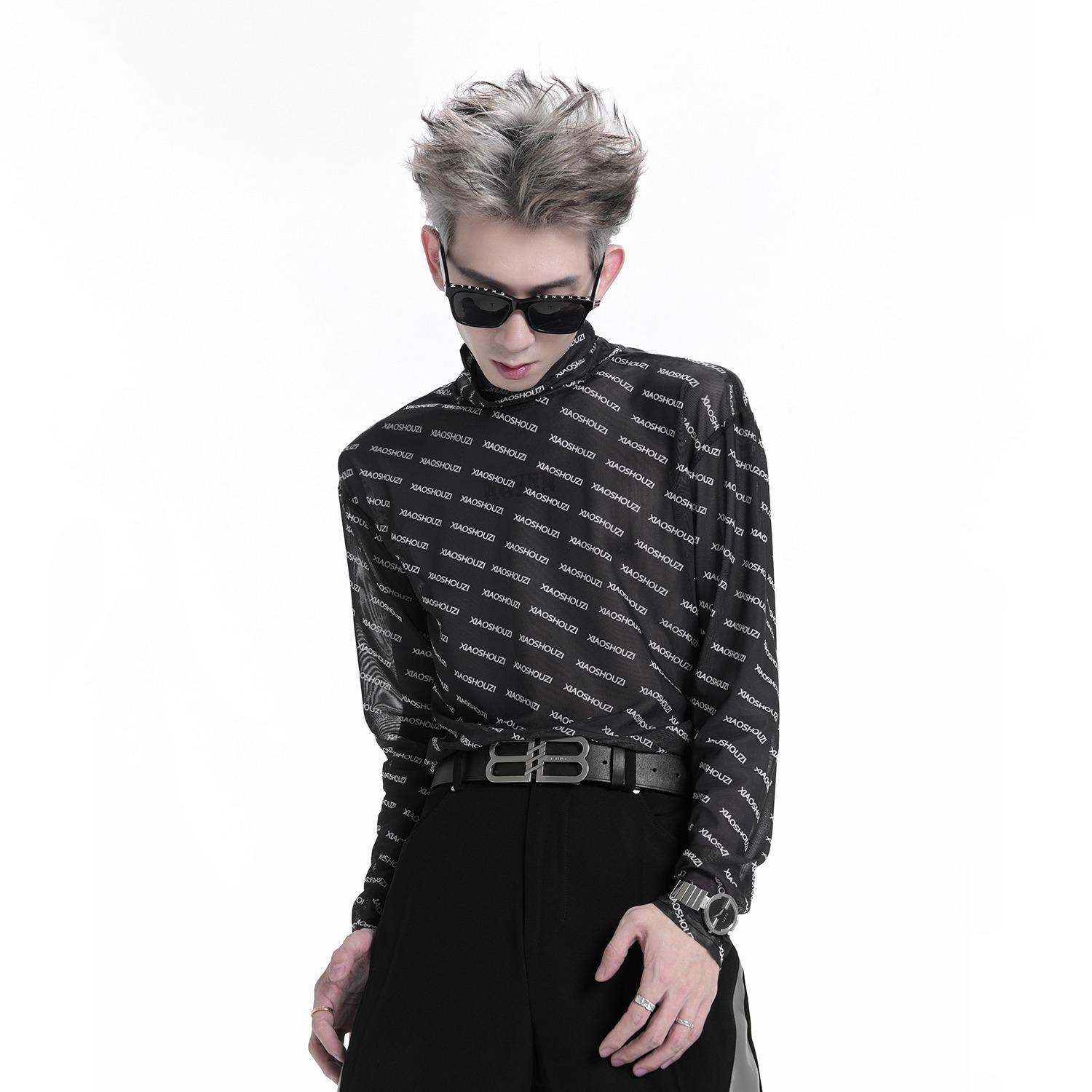 

2025 Модная мужская футболка с длинным рукавом из ледяного шелка с полувысоким воротником – Дышащая в европейском и американском стиле Medium чёрный