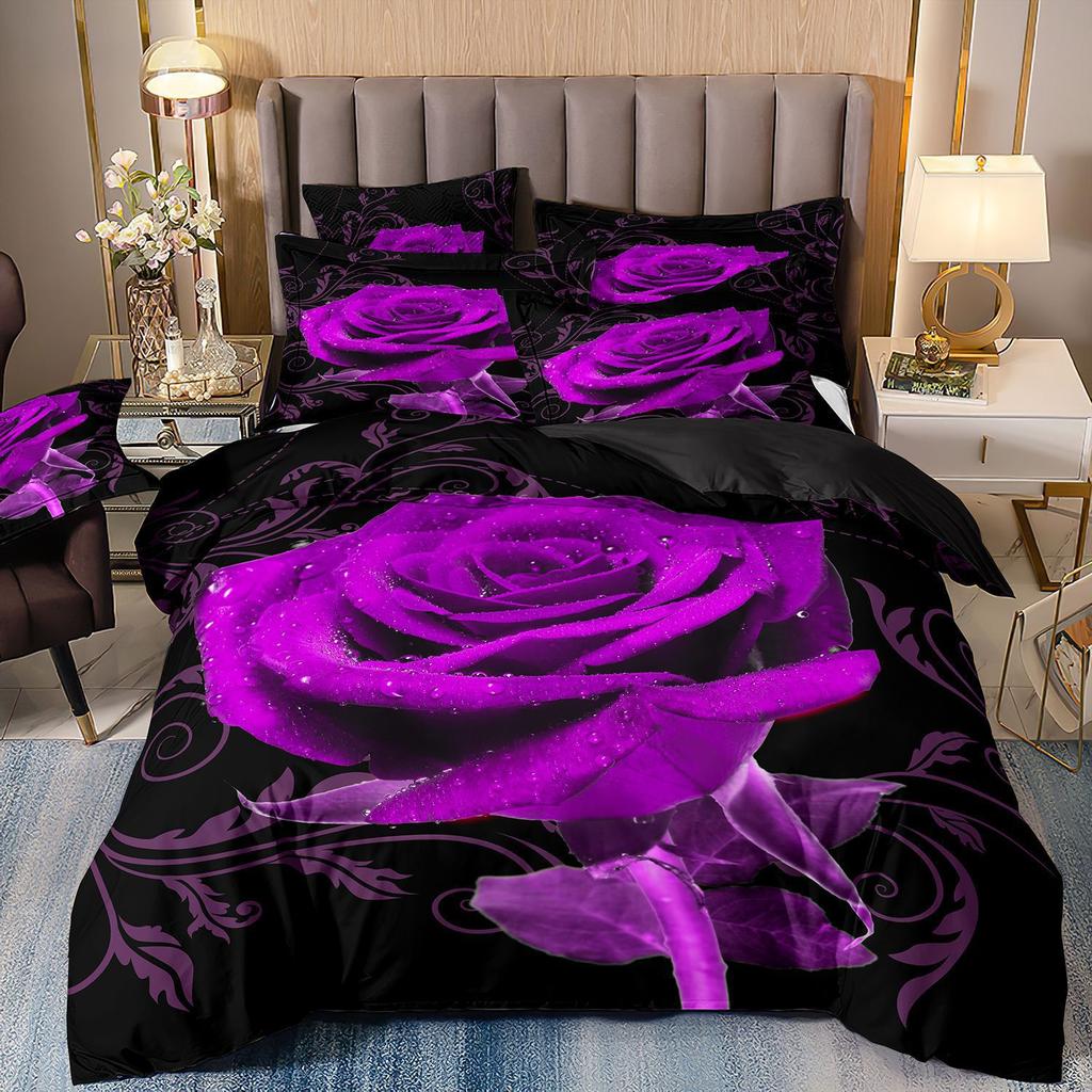 Three-Piece Rose Floral Style 3D Printed Quilt Cover Home Textile Bedding Kit