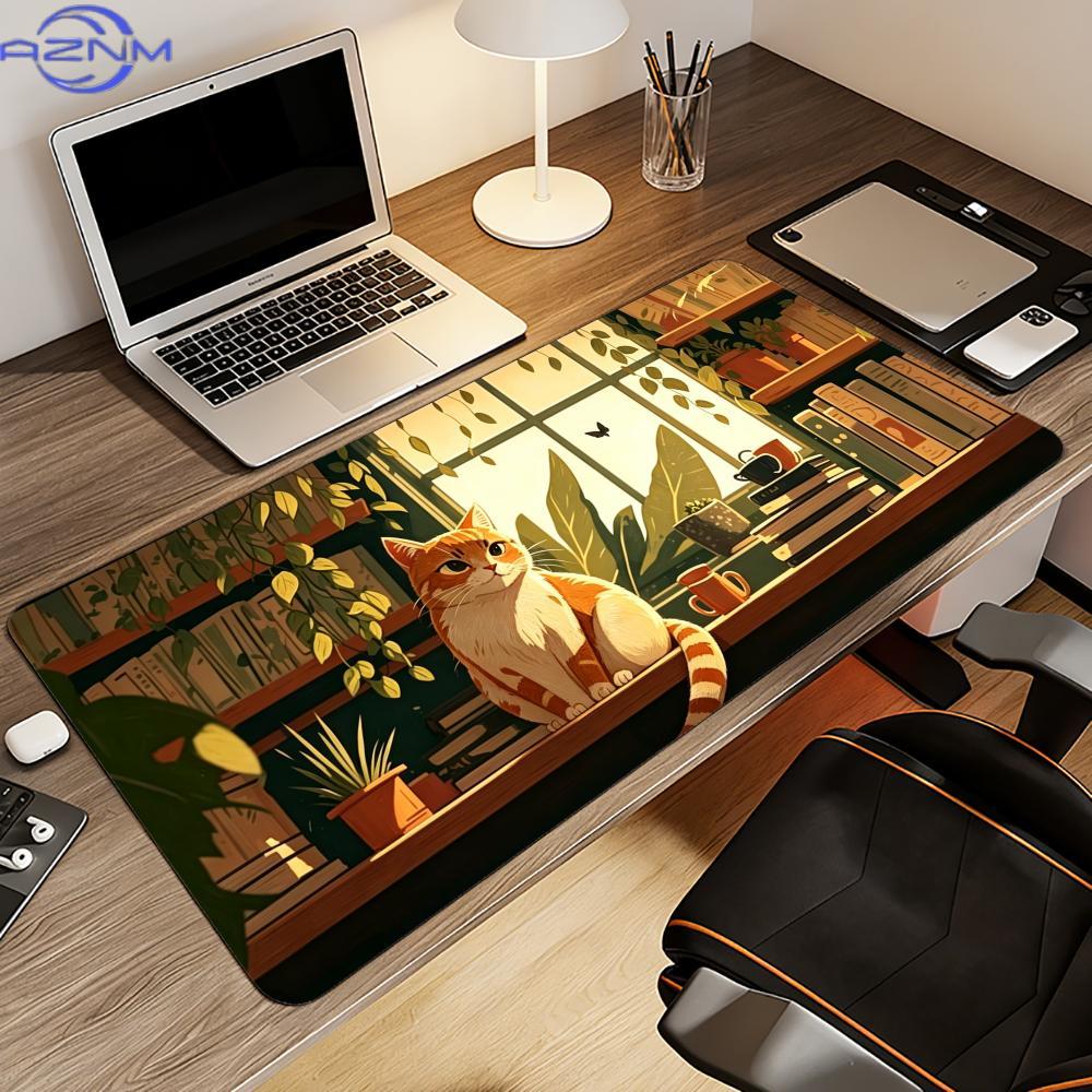 Cozy Library Cat Mouse Pad Computer Accessories Office Game Table Mats Rubber Antislip Gaming Keyboard Mousepad Desk Pads 40x90