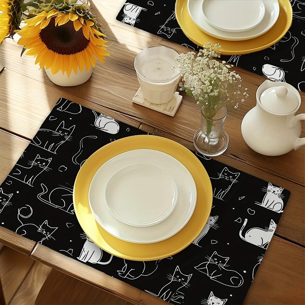 4pcs Set of Table Mats with Cute Cat Simple Line Drawing Patterns - 12" X 18" Rectangular Kitchen Dining Table Mat - Suitable Fo